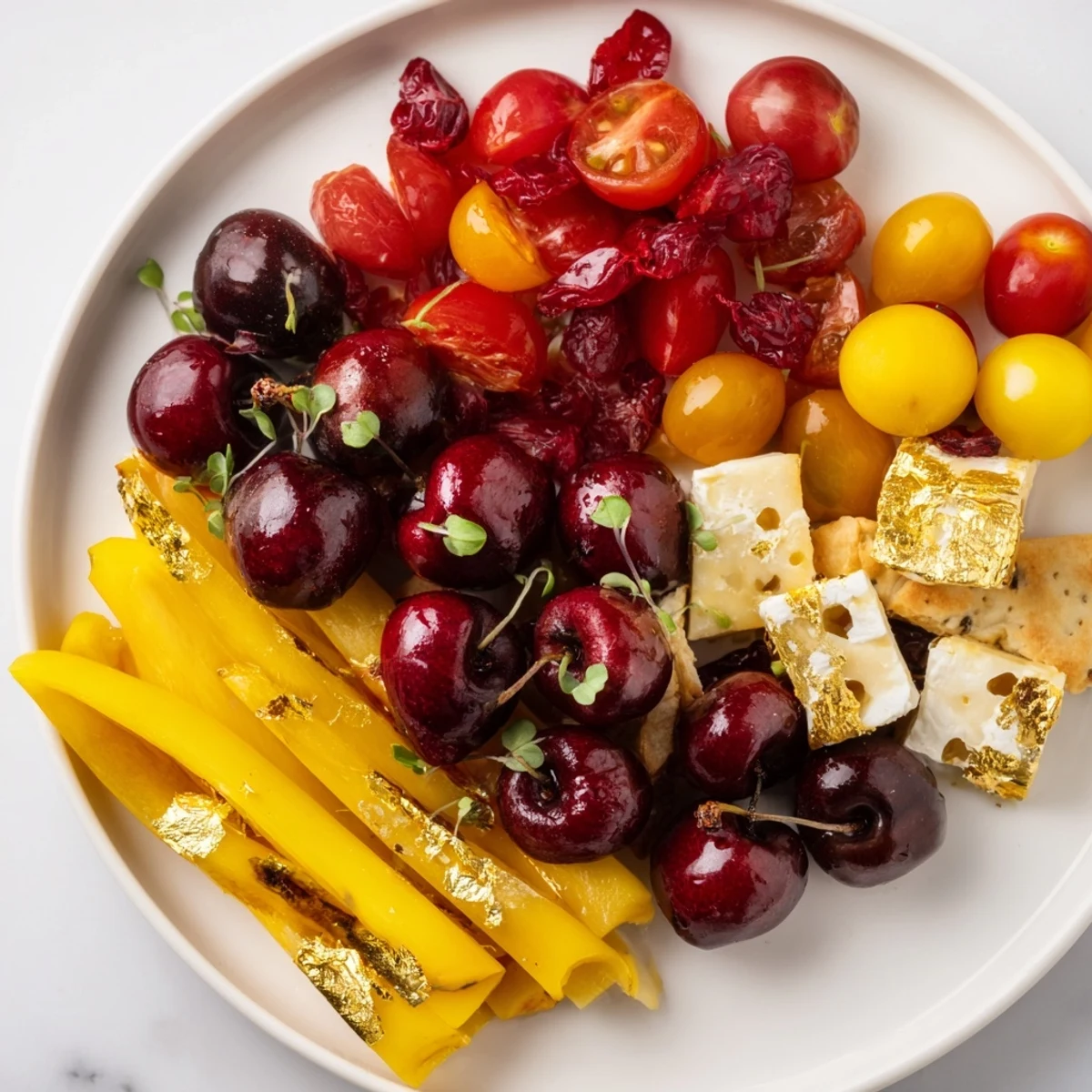 A close-up of a stunning Crimson & Gold Gala cheese board, with tempting cheese and juicy cherries.