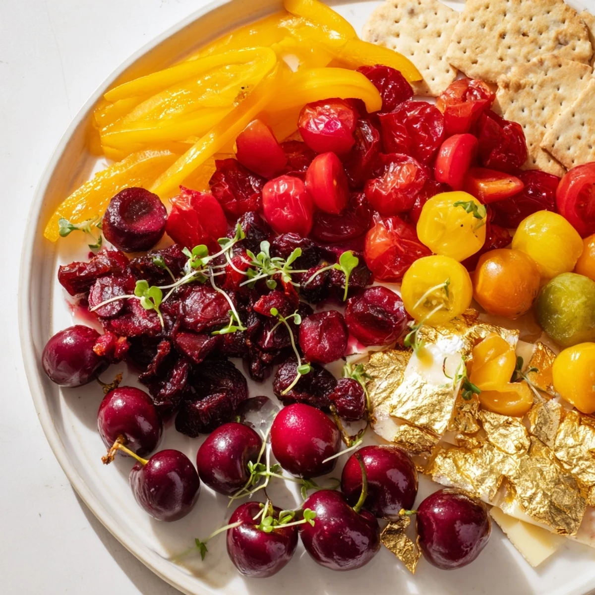 Elegant Crimson & Gold Gala appetizer: a colorful cheese board with gold leaf crackers and fresh herbs.