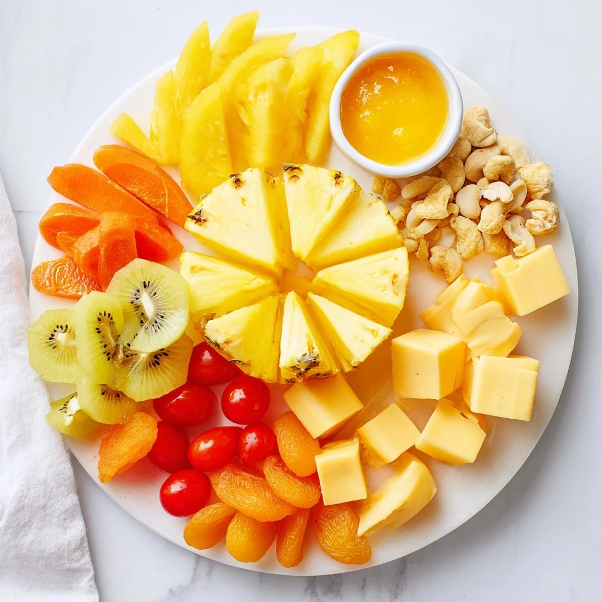 The beautiful 57, Sunny Yellow Citrus Burst grazing board features sliced fruit radiating outwards from citrus.