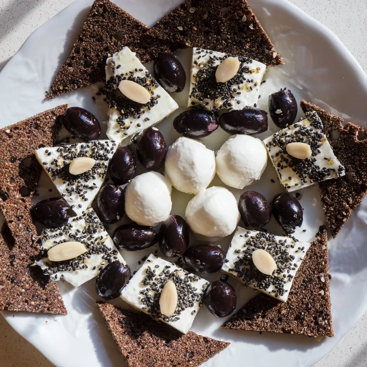 Elegant Black and White Formal Affair appetizer platter features olives, mozzarella, and geometric rye bread.