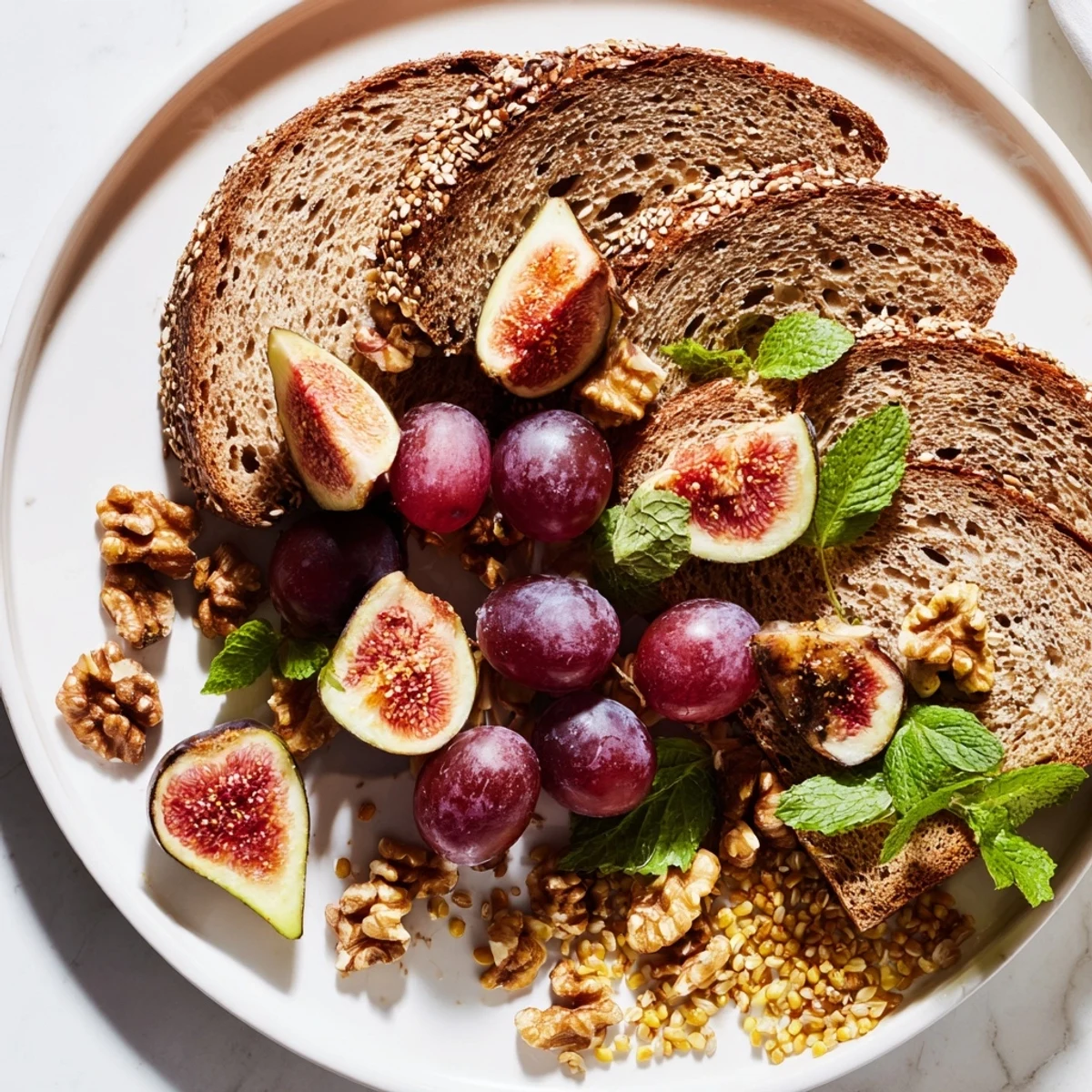 A beautifully arranged Harvest Scythe, showing a rustic platter of breads with colorful fruit and cheese.