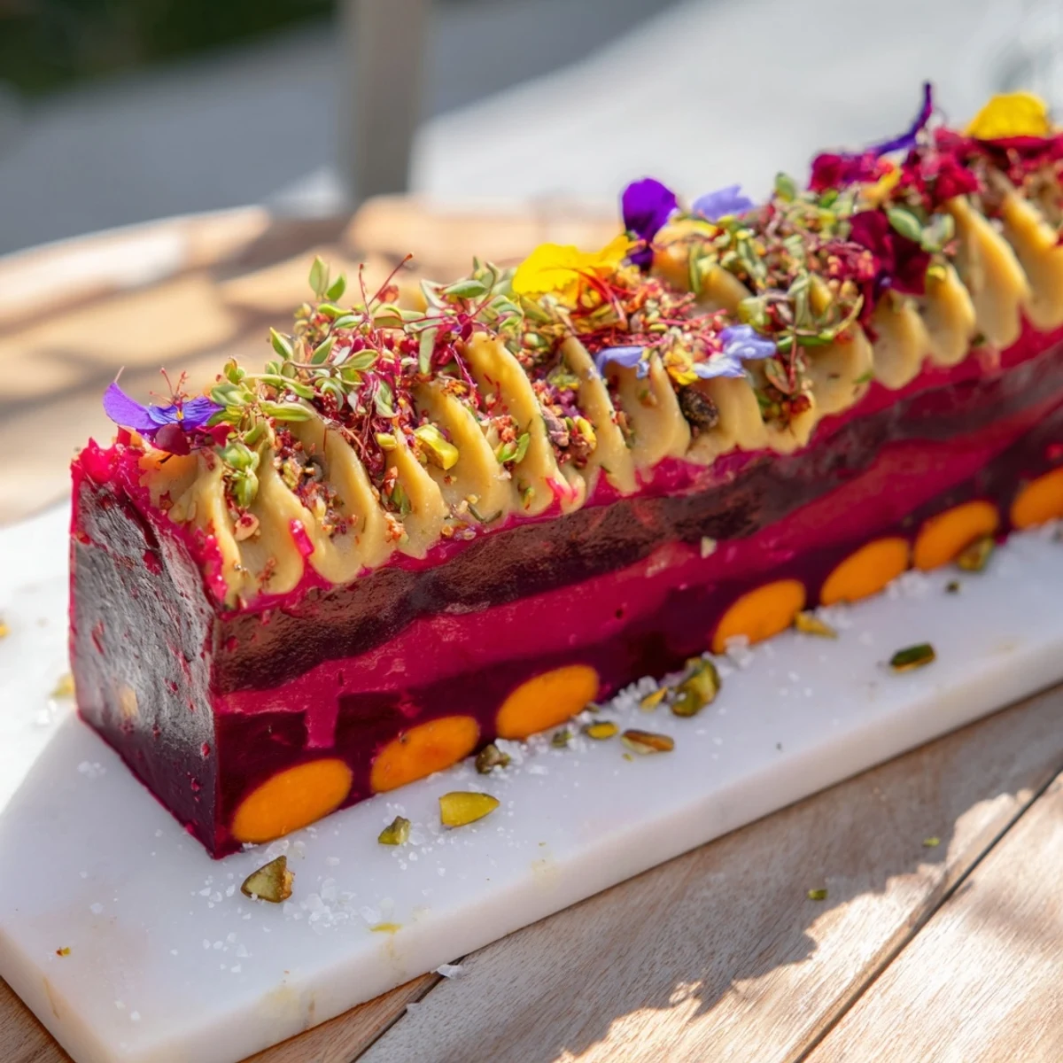 Close-up of a Modernist Stripe, artistic appetizer, inviting with its colorful purées.