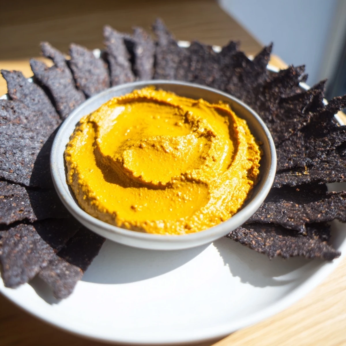 Midnight Sun appetizer, vibrant carrot dip encircled by crisp black charcoal crackers, perfect for elegant food pairings.