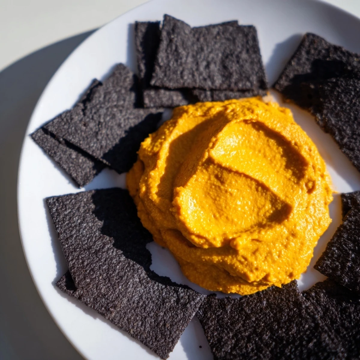 A bright, creamy Midnight Sun appetizer featuring a golden dip surrounded by dark, charcoal-dusted crackers on a plate.