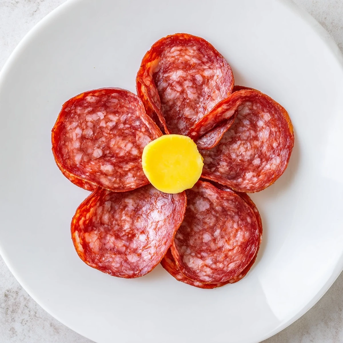 Appetizing Tudor Rose appetizer, featuring salami "petals" and yellow cheese center, is ready to serve.