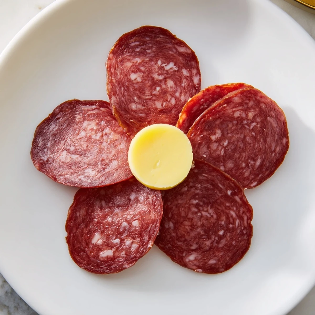 Quick and easy Tudor Rose, a visually beautiful appetizer with circular salami and cheese, ready in minutes.