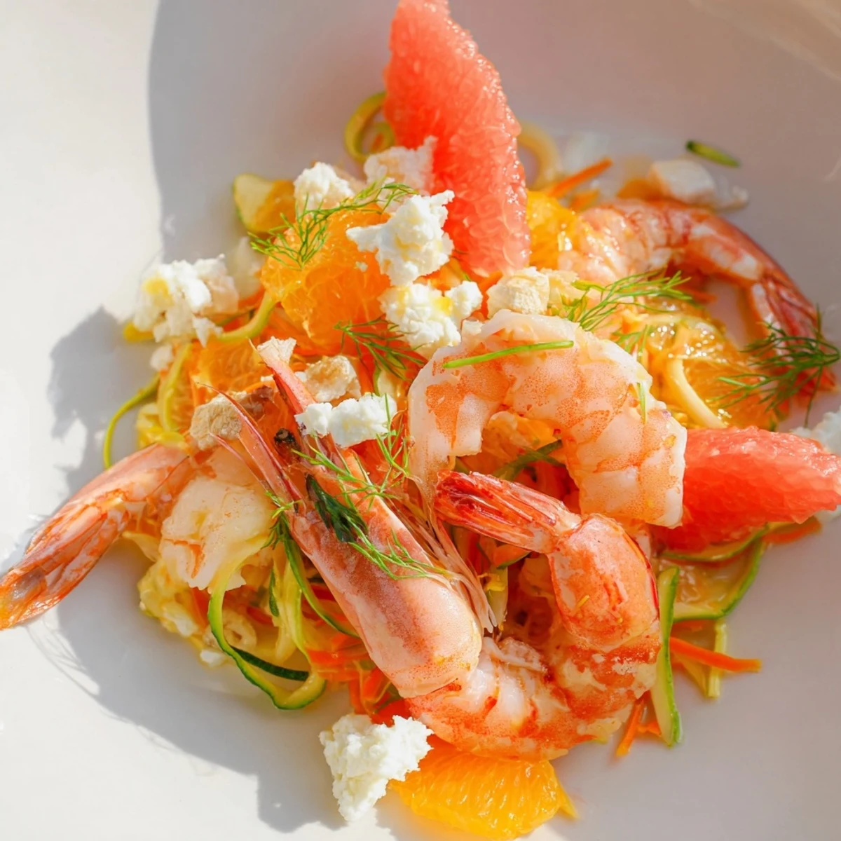 Vibrant The Coral Reef, featuring tender pink shrimp, citrus, and bubbling Gruyère, ready to savor.
