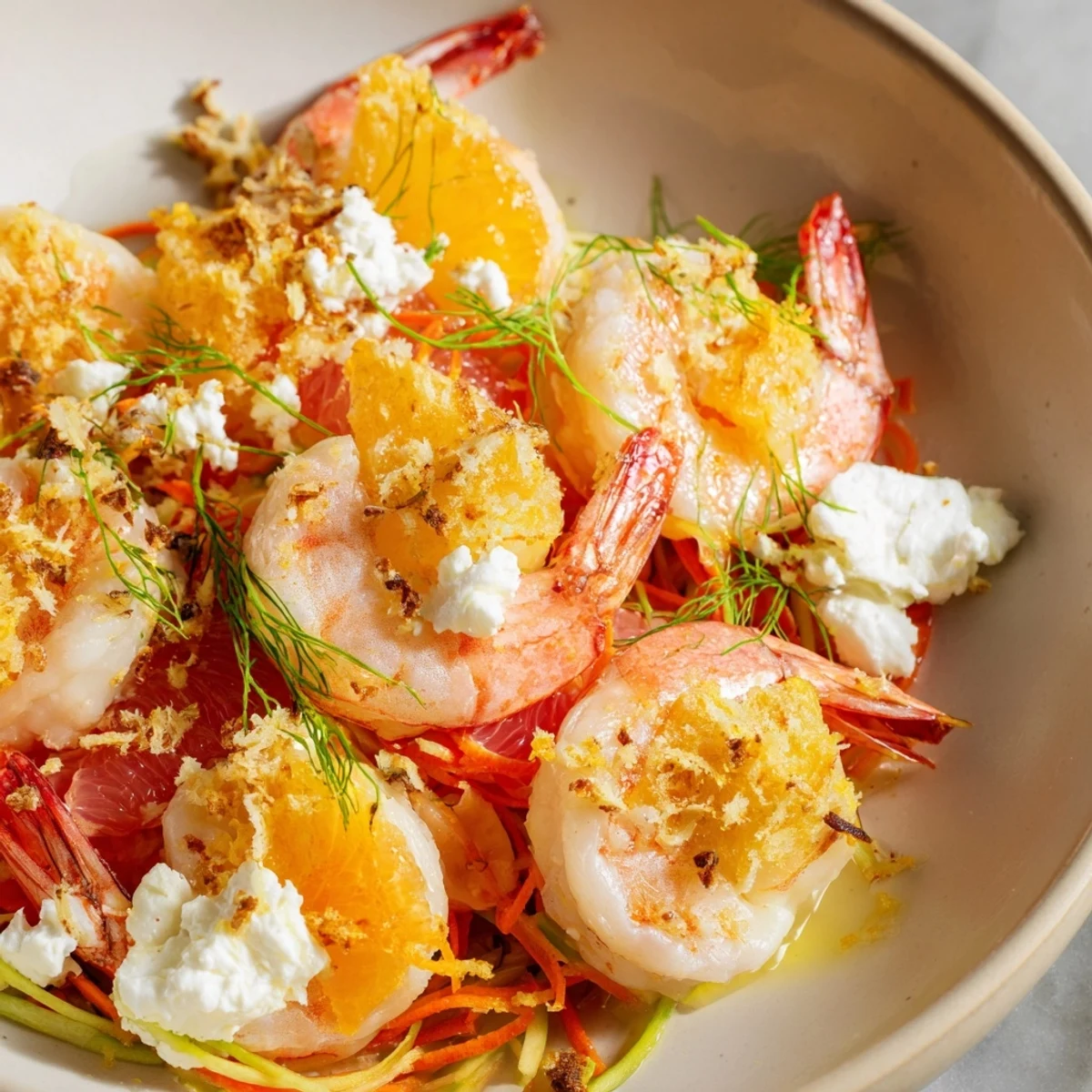 A stunning The Coral Reef dish: pink shrimp nestled with flavorful citrus and Gruyère cheese.