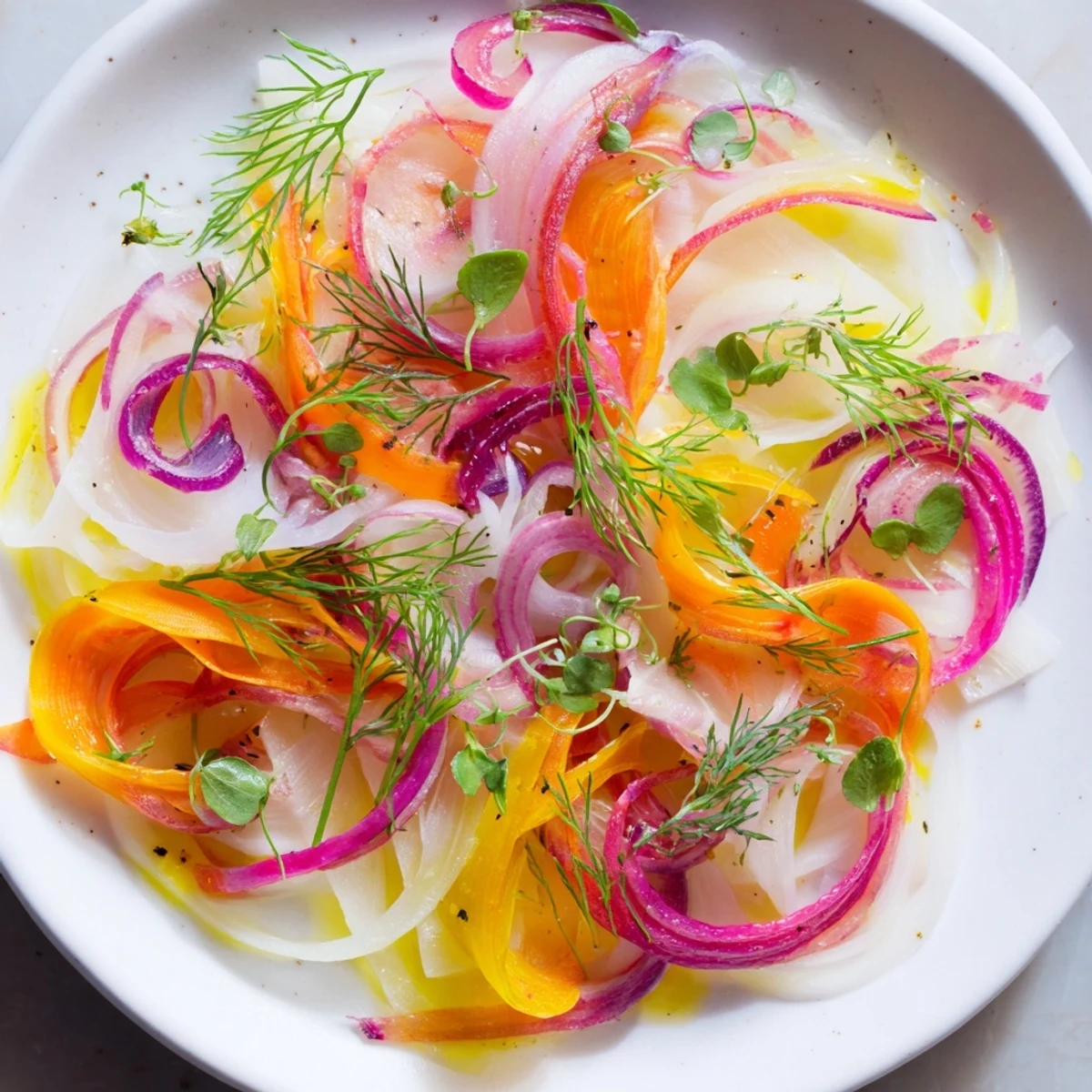 Fresh, crisp "Spinning Top" salad with colorful vegetable ribbons, ready to enjoy as a light appetizer.