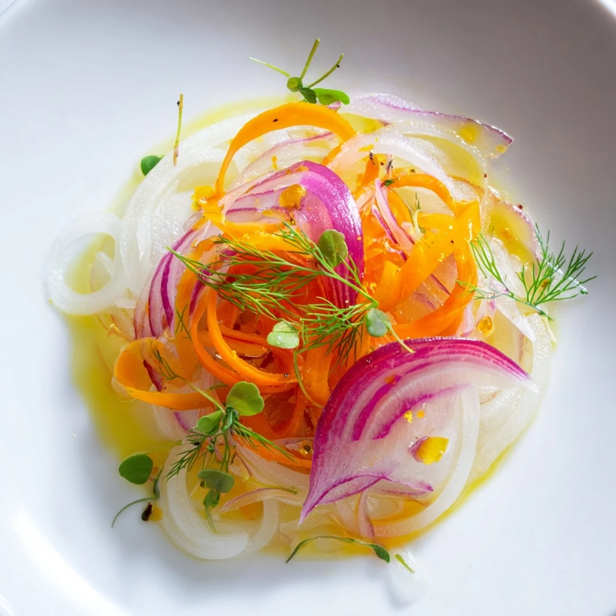 Vibrant "Spinning Top" salad with wispy vegetables and herbs, beautifully arranged - a dynamic dish.