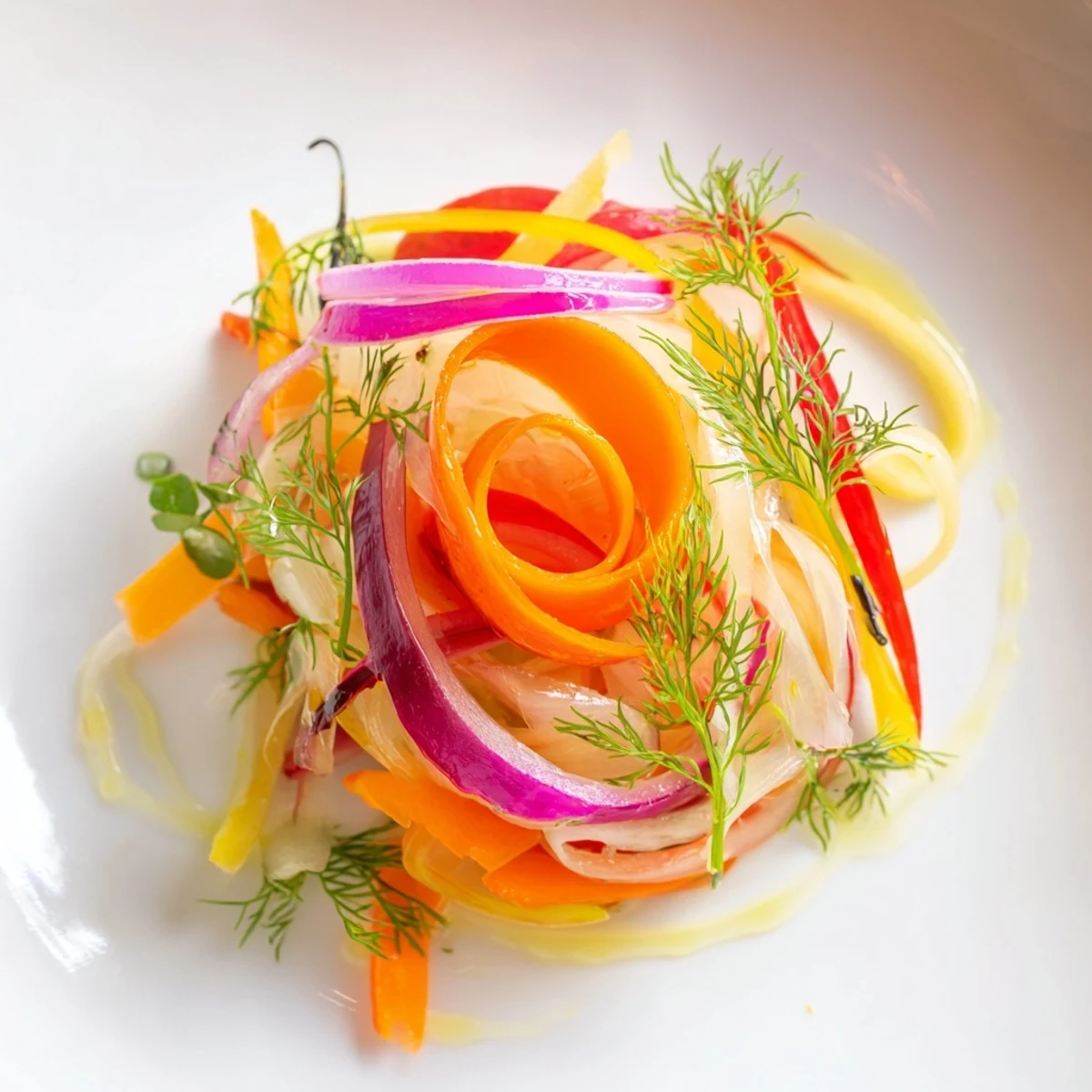 A close-up view of the eye-catching "Spinning Top" salad featuring thinly shaved veggies, ready to serve.