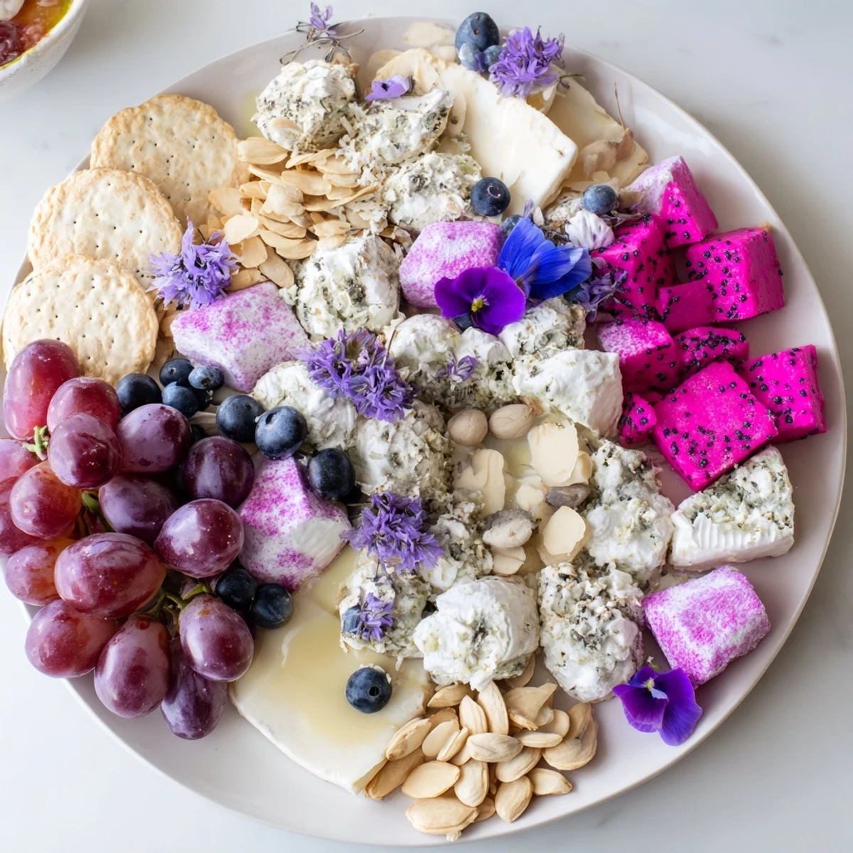 Lavender Haze Dreamscape cheese board, with creamy cheeses, vibrant fruits, and pastel candies, ready to enjoy.