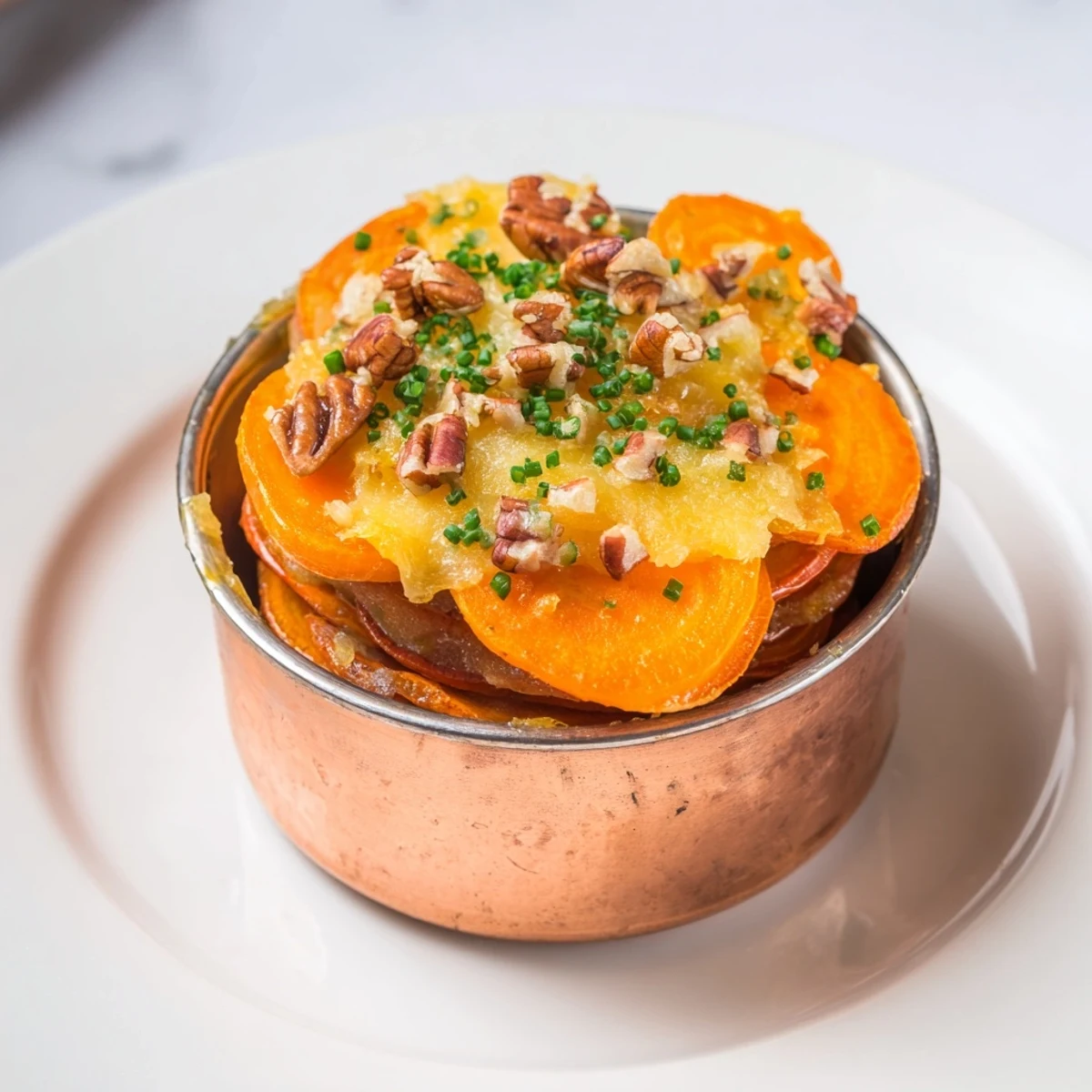 Copper Penny Warmth appetizer with melted cheddar, colorful vegetables, and toasted pecans in ramekins.