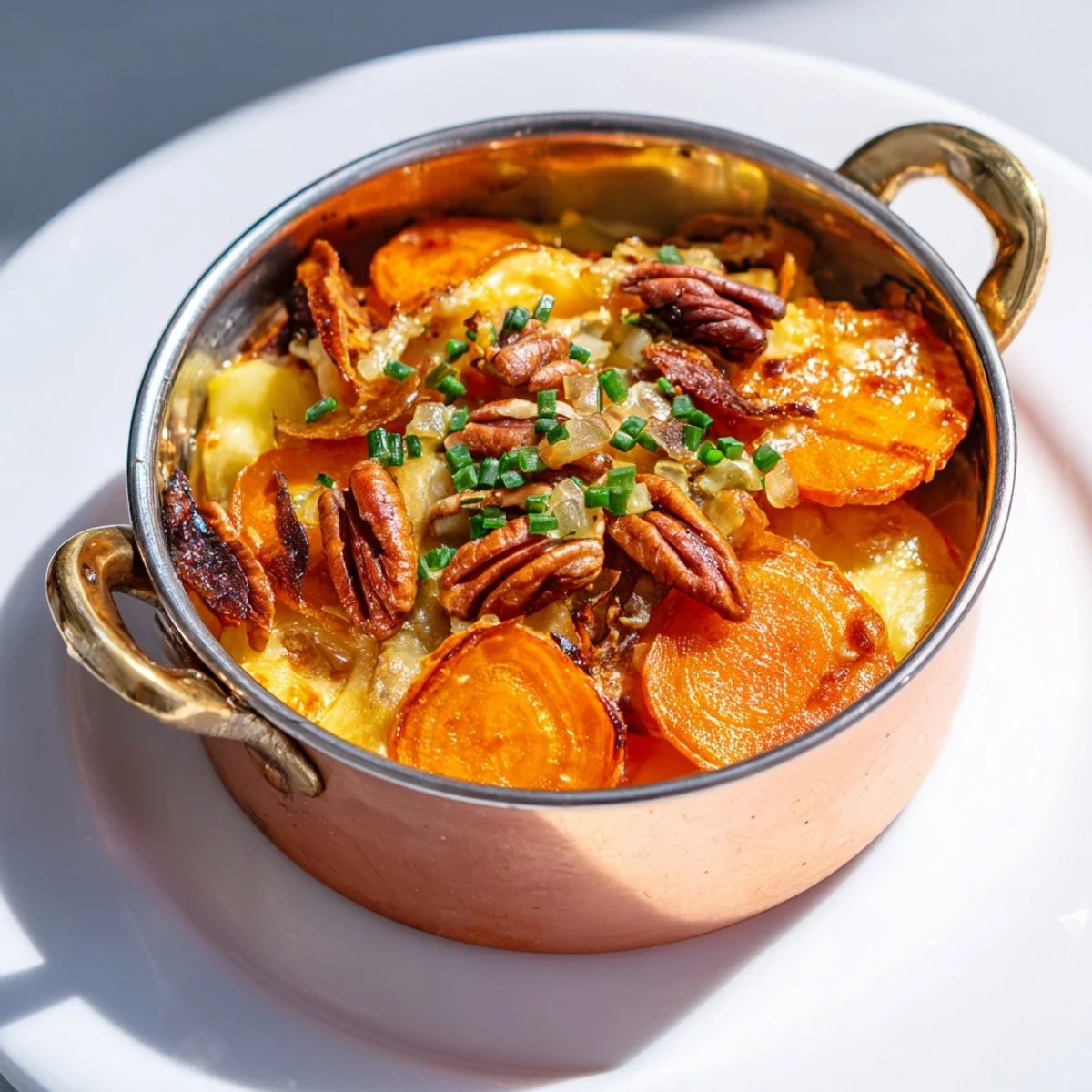 Layered Copper Penny Warmth: roasted sweet potatoes and carrots mingling with cheese, ready to serve warm.