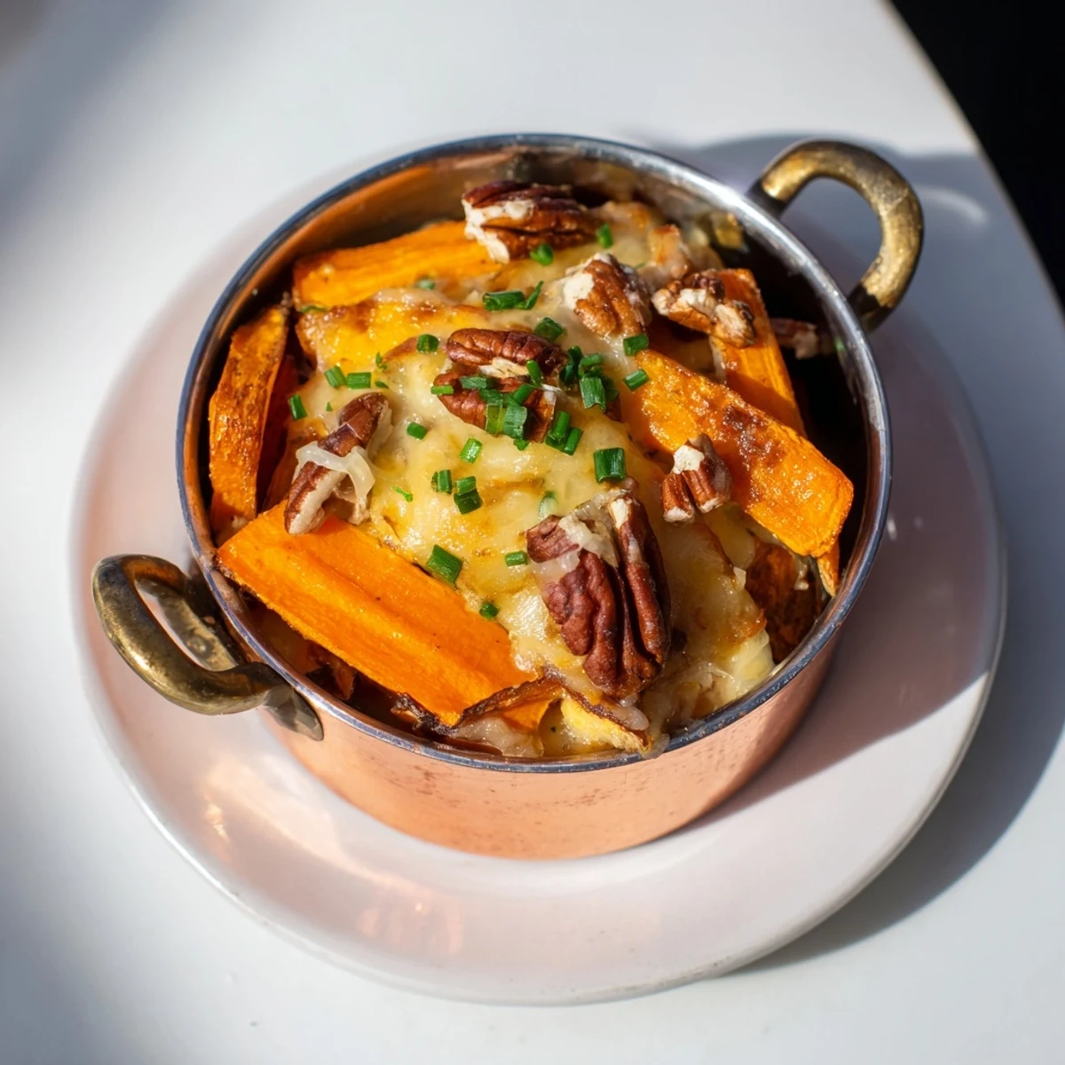 Warm, golden Copper Penny Warmth with sweet potatoes, apricots, and a generous layer of melted cheddar cheese.