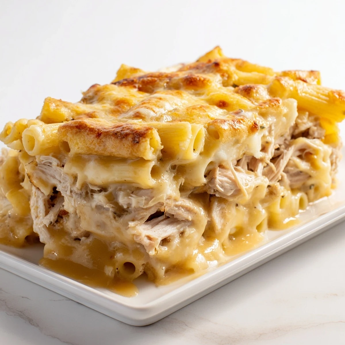 Close-up of a warm moist maker pasta casserole, showcasing a creamy, gravy-soaked interior and cheese topping.