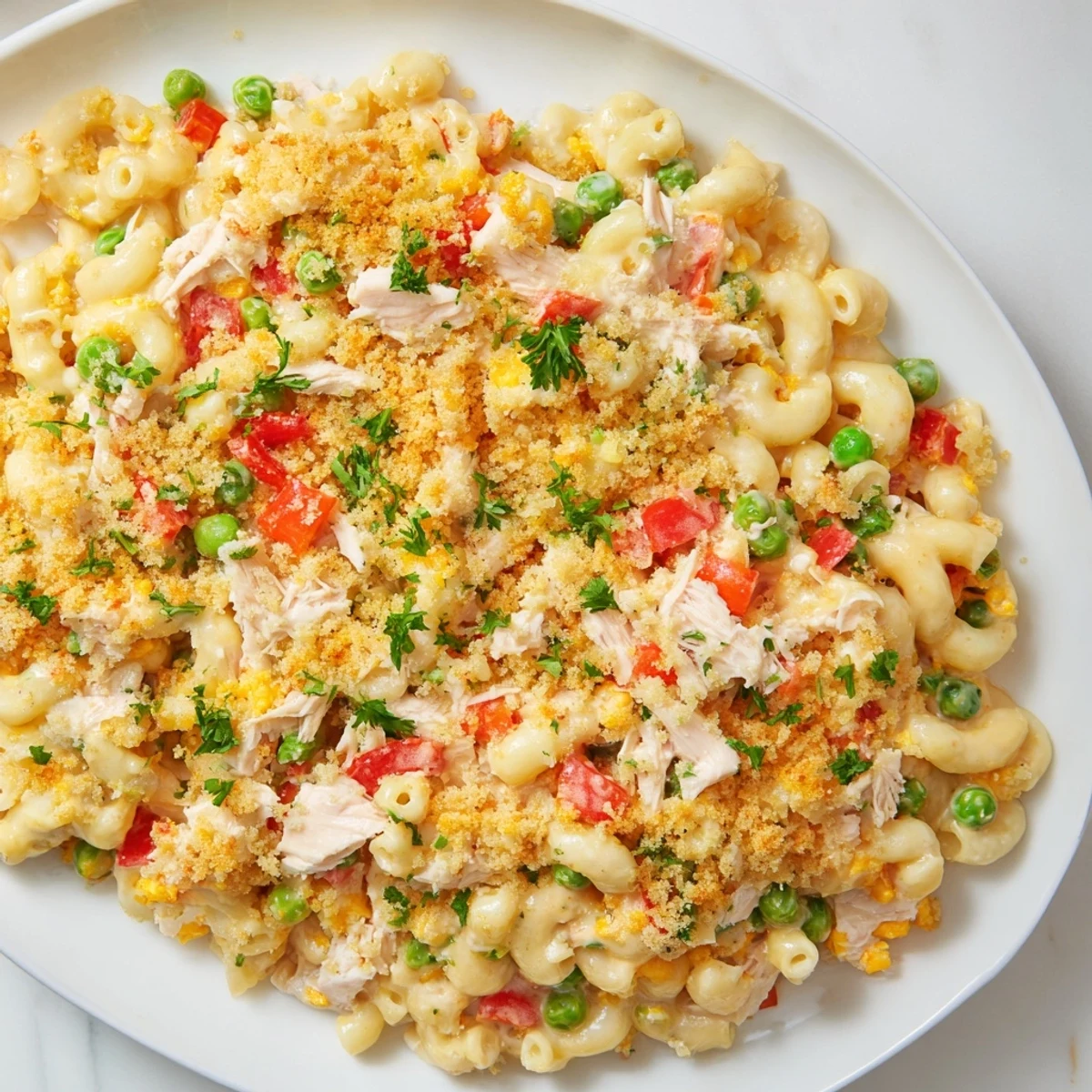 A bubbly casserole of Chicken Macaroni Southern Style with golden cheese topping.