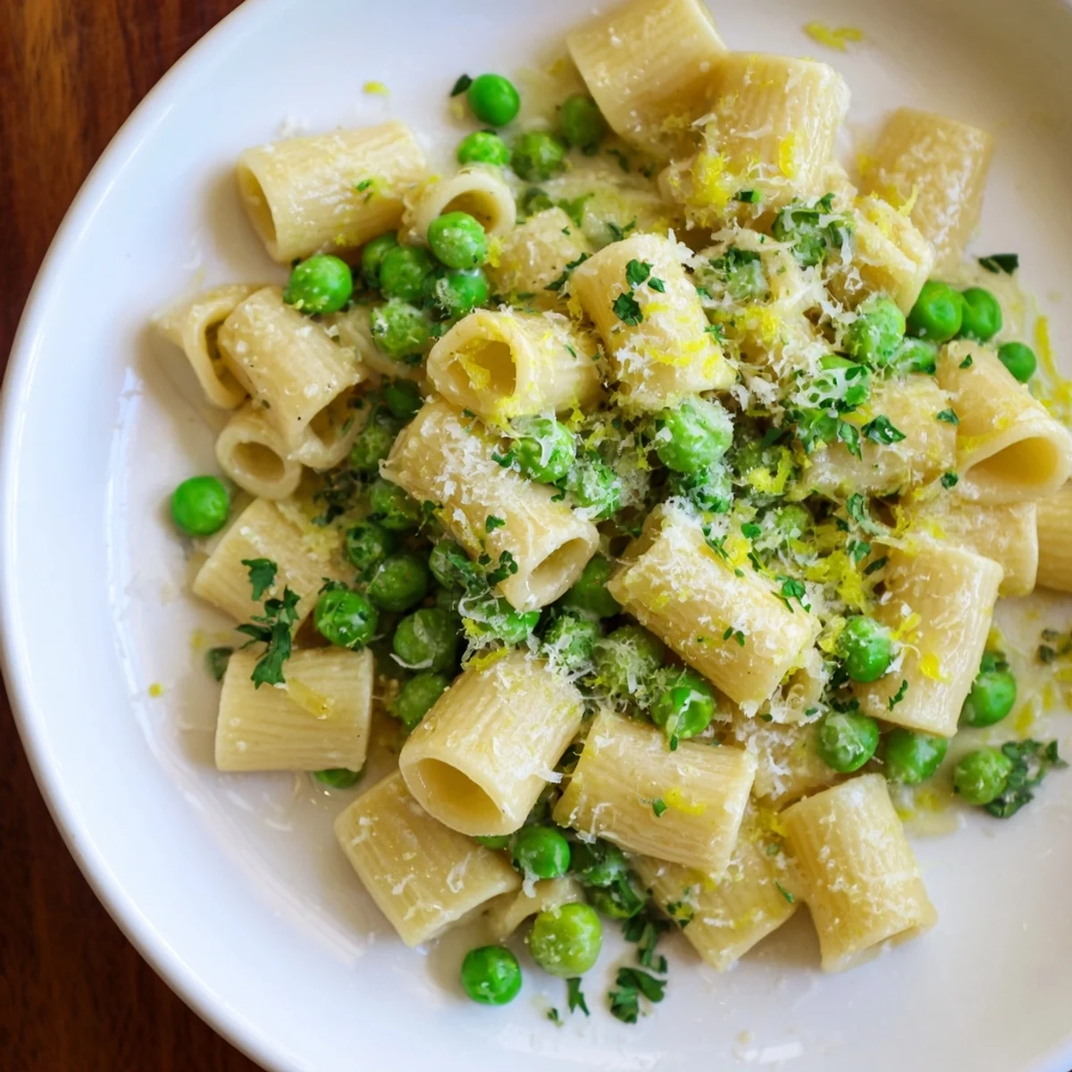 Close-up of golden Garlic Butter Ditalini with Peas, sprinkled with Parmesan cheese ready to eat.