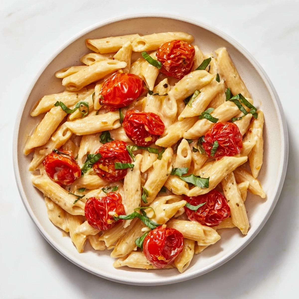Tender Boursin Cheese Pasta with roasted cherry tomatoes, glistening and ready to serve, a vegetarian delight.