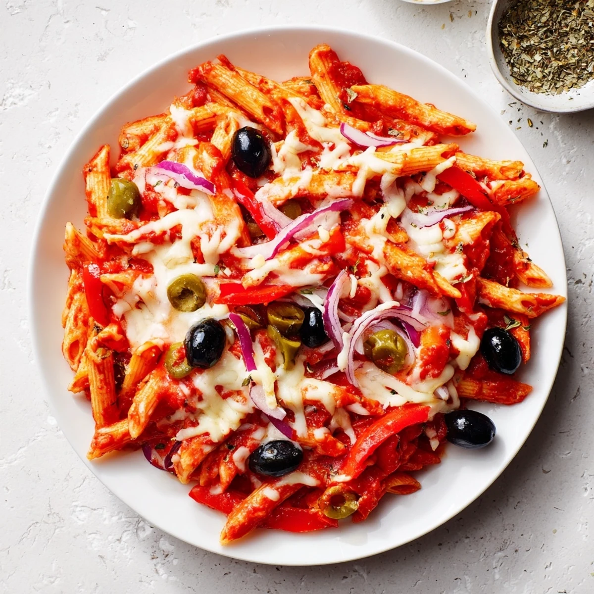 Family-friendly One-Pot Pizza Pasta Express: a quick meal of pasta, cheese, and pizza toppings.