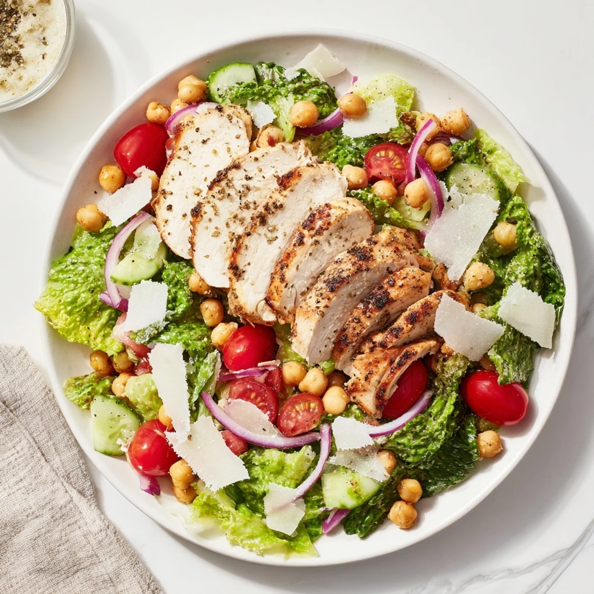 Fresh, colorful image of a Chicken Caesar Pasta-less Bowl with juicy grilled chicken slices.