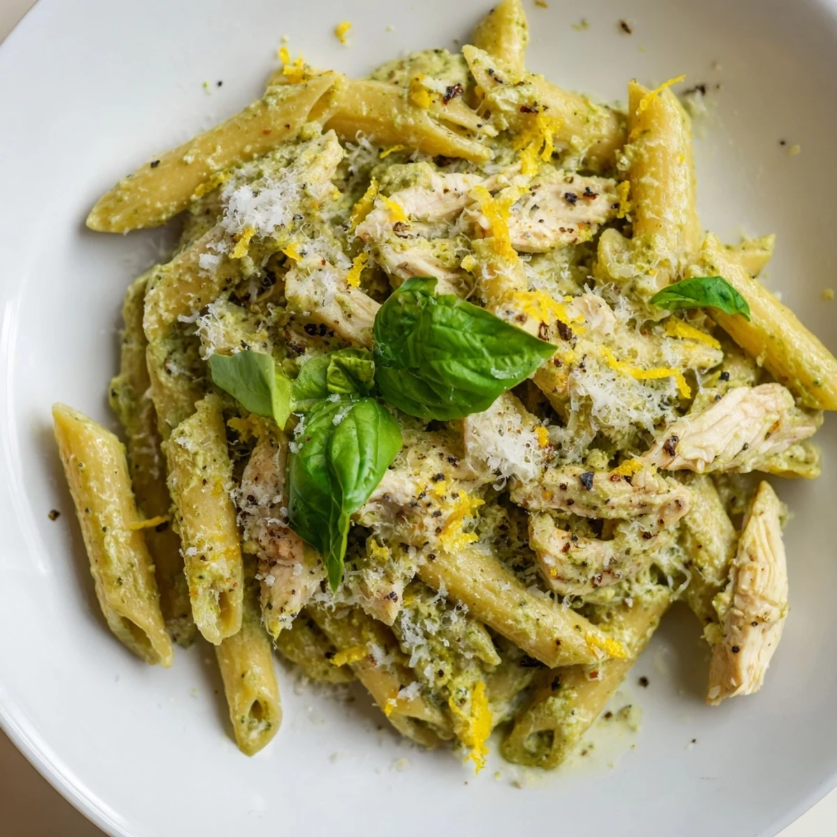 Creamy 10-Minute Pesto Pasta with Chicken, tossed in pesto with parmesan and shredded rotisserie chicken.