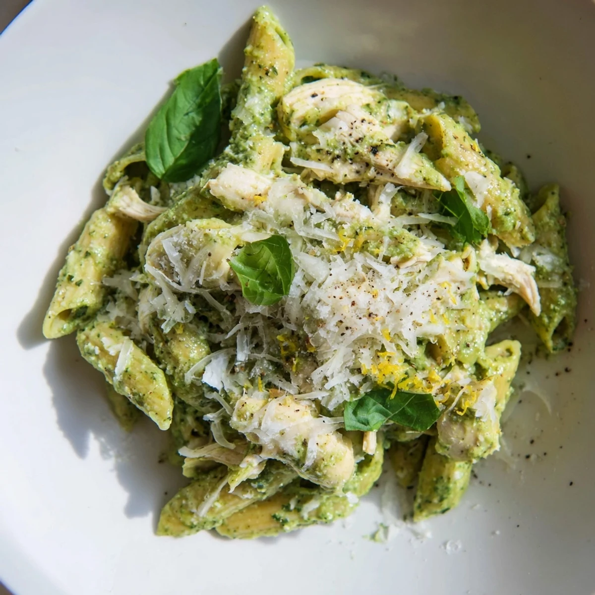 A bowl of flavorful 10-Minute Pesto Pasta with Chicken, a quick and satisfying Italian-American meal.