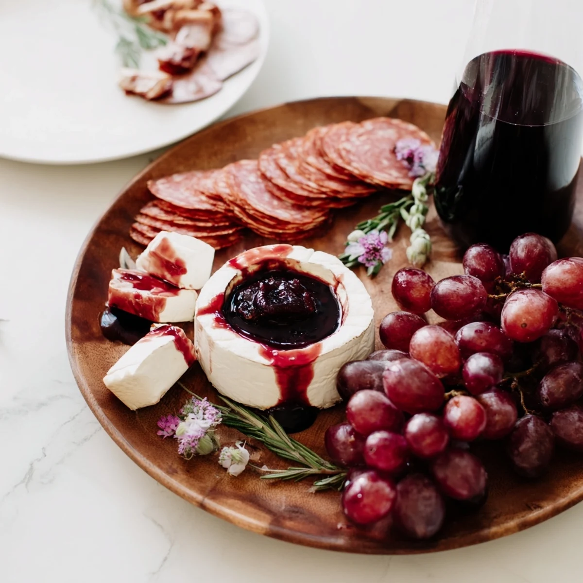 Magnificent Ruby Red Wine Stain Board with vibrant cheeses and cured meats, ready to serve.