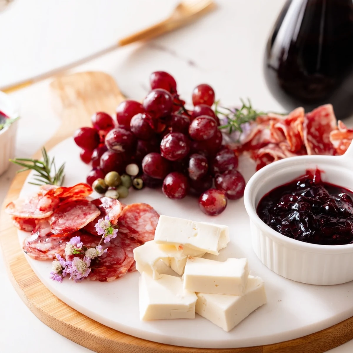 A gorgeous cheese-filled Ruby Red Wine Stain Board, featuring red-wine-infused cheeses and grapes.