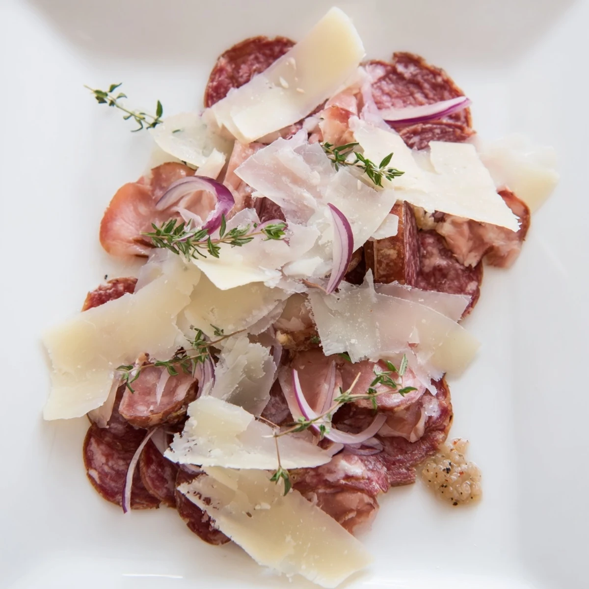 This Burlap & Lace platter showcases vibrant meats paired with wafer-thin cheeses and garnishes for a stunning appetizer.