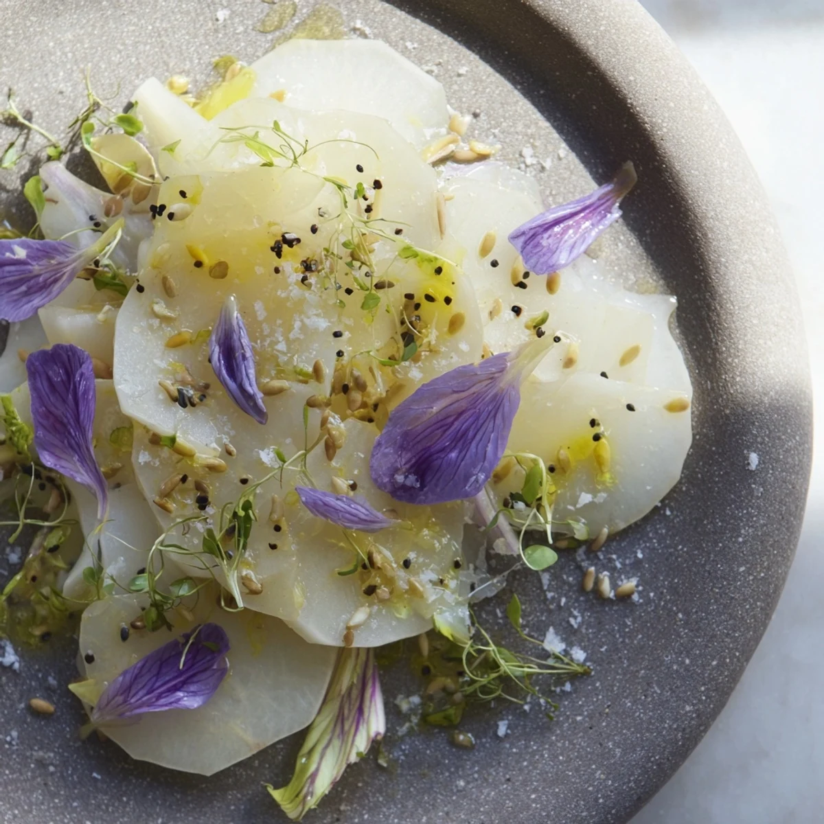 Chilled stone platter holds The Tundra Trek, a refreshing vegetarian salad with delicate flavors.