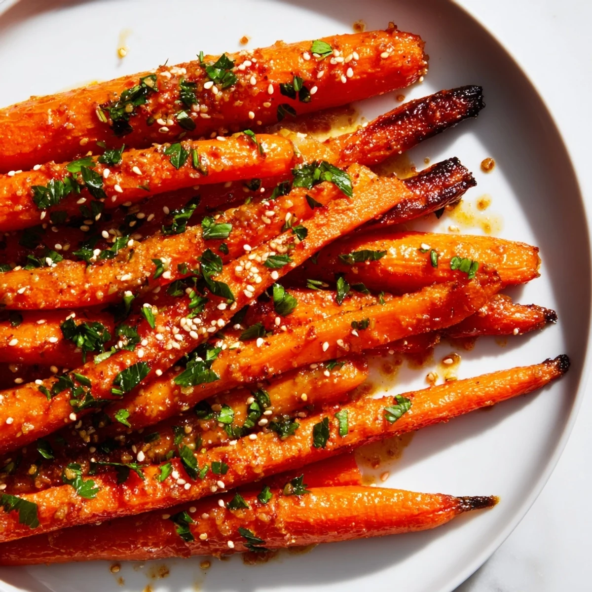 Golden-brown Maple Mustard Roasted Carrots, glistening from the sweet glaze, perfect side dish.
