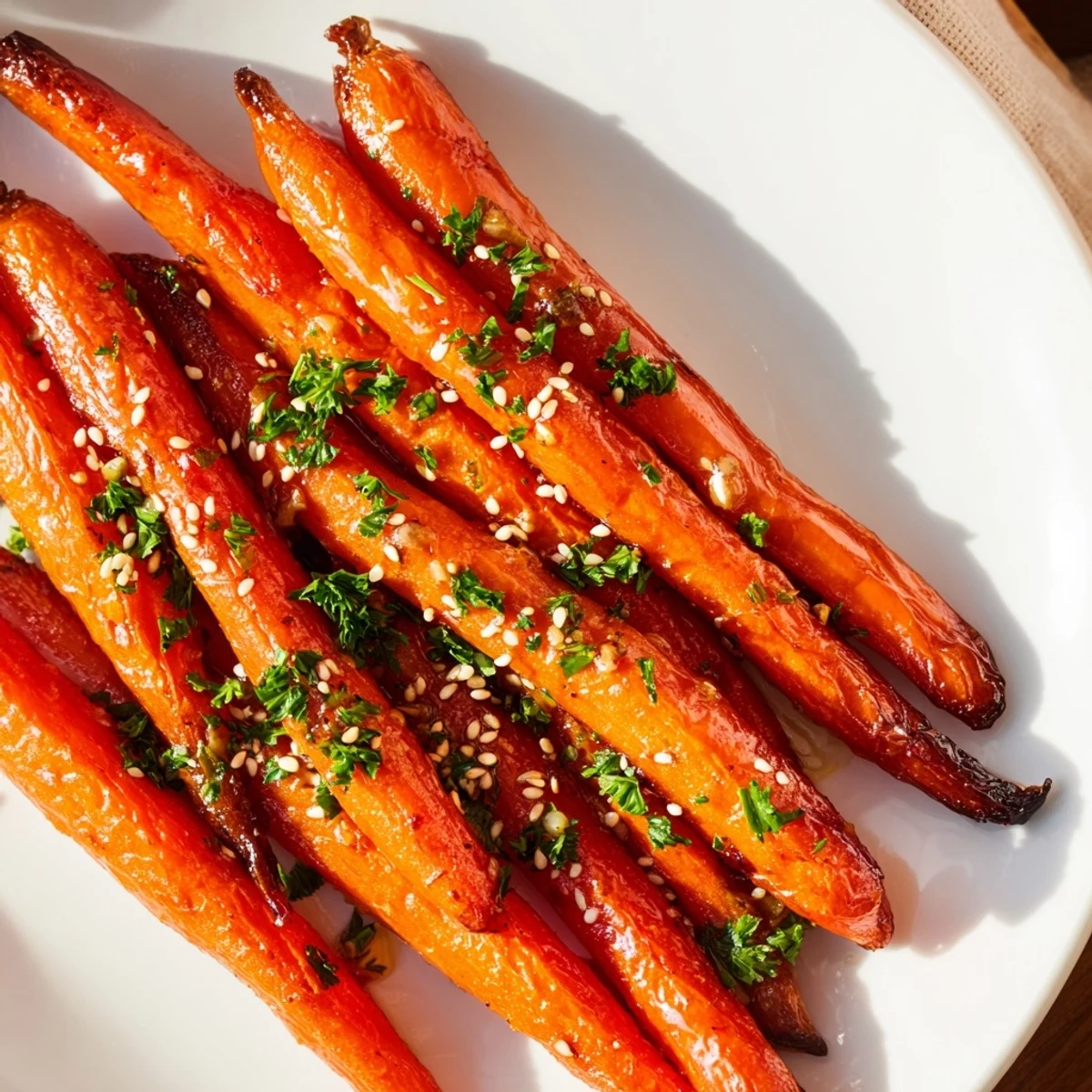 Close-up of tender Maple Mustard Roasted Carrots, showing caramelized edges and a tangy aroma.