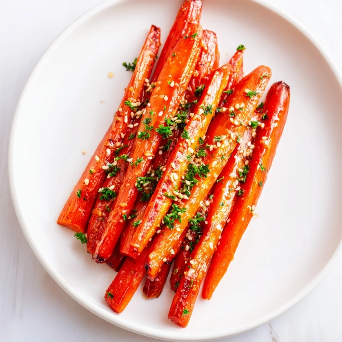 Warm platter of Maple Mustard Roasted Carrots, sprinkled with parsley, ready for a delicious dinner.