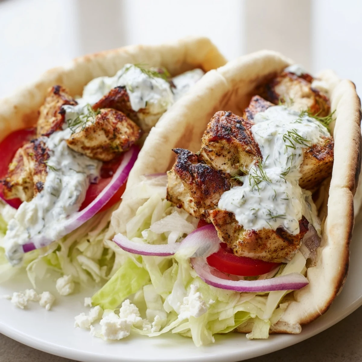 Warm pita bread wrapped around juicy Greek Chicken Souvlaki, layered with fresh garnishes for a delicious bite.