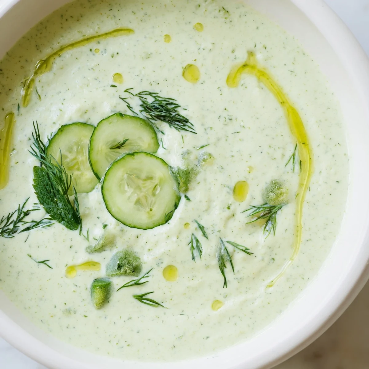 A close-up of chilled cucumber garlic soup, showing creamy texture and fresh cucumber garnish.