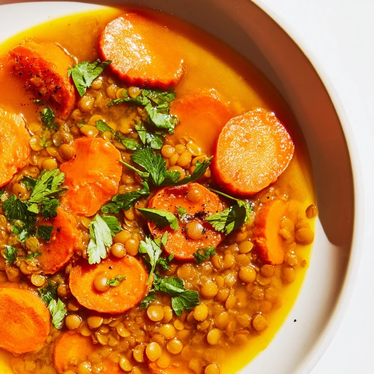 Steaming bowl of Spiced Carrot Lentil Soup, vibrantly orange, garnished with fresh cilantro and ready to eat.