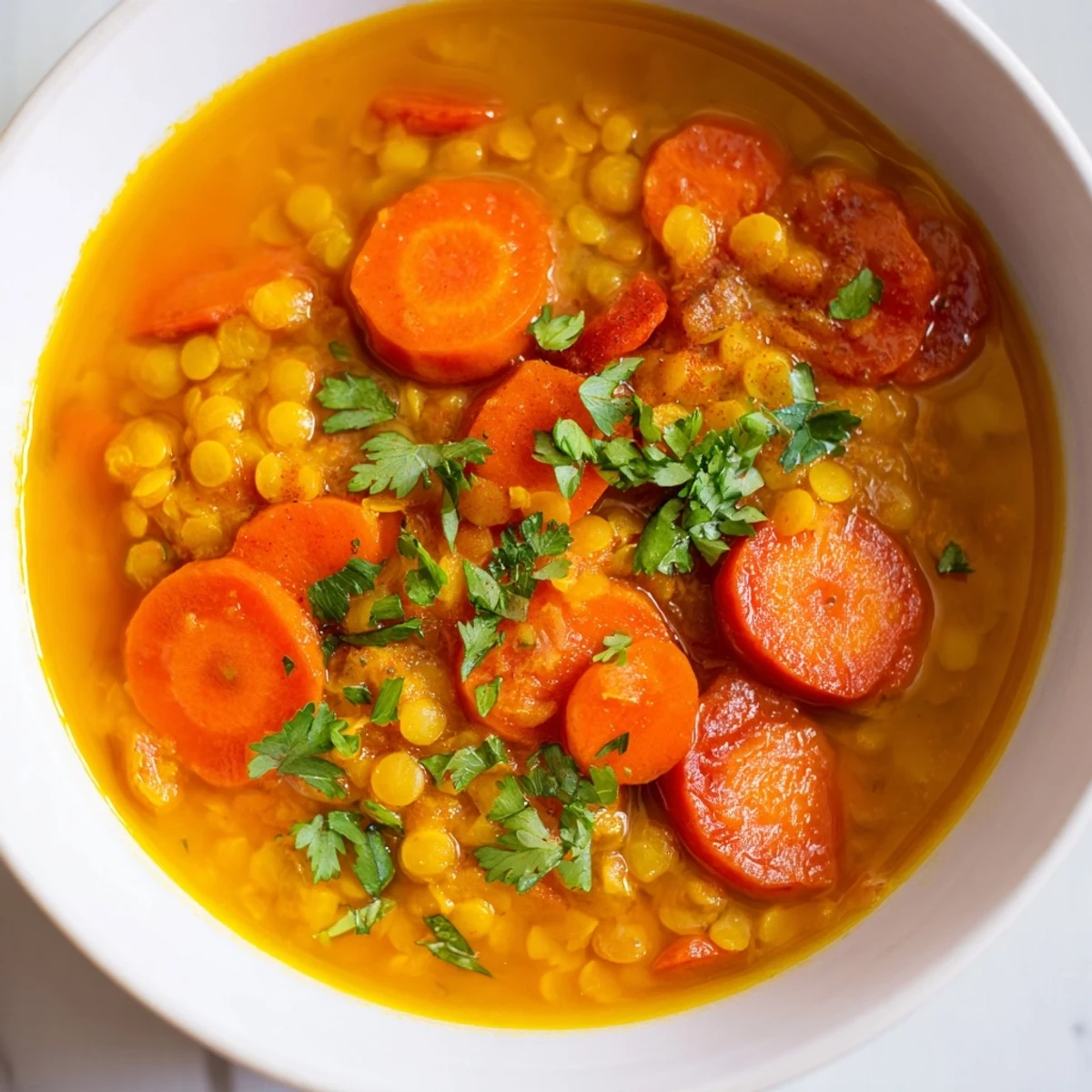 View a rustic bowl of Spiced Carrot Lentil Soup, a comforting and flavorful vegan meal.