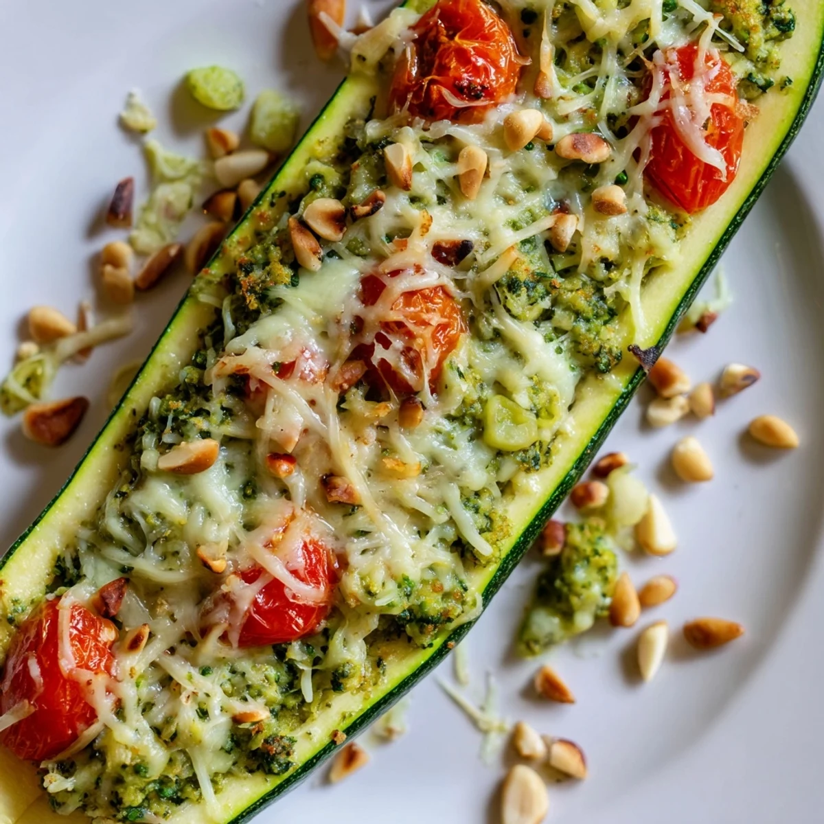 Golden, bubbly Cheesy Pesto Zucchini Boats, a flavorful vegetarian main course ready to enjoy.