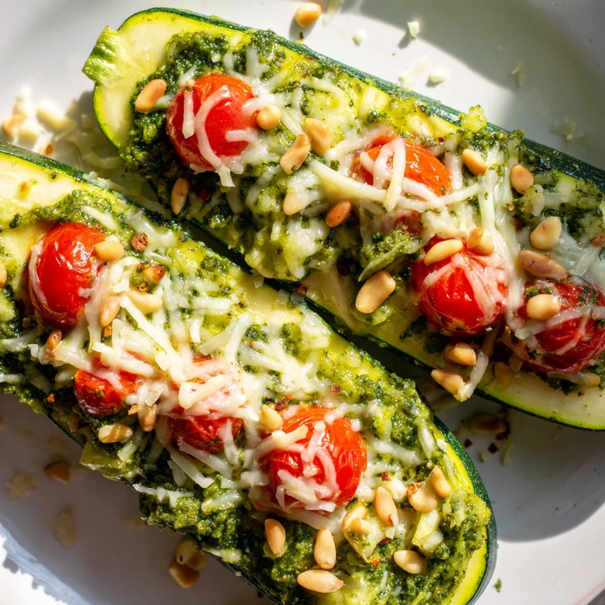 Filled with pesto and melted cheese, these Cheesy Pesto Zucchini Boats burst with Mediterranean flavors.