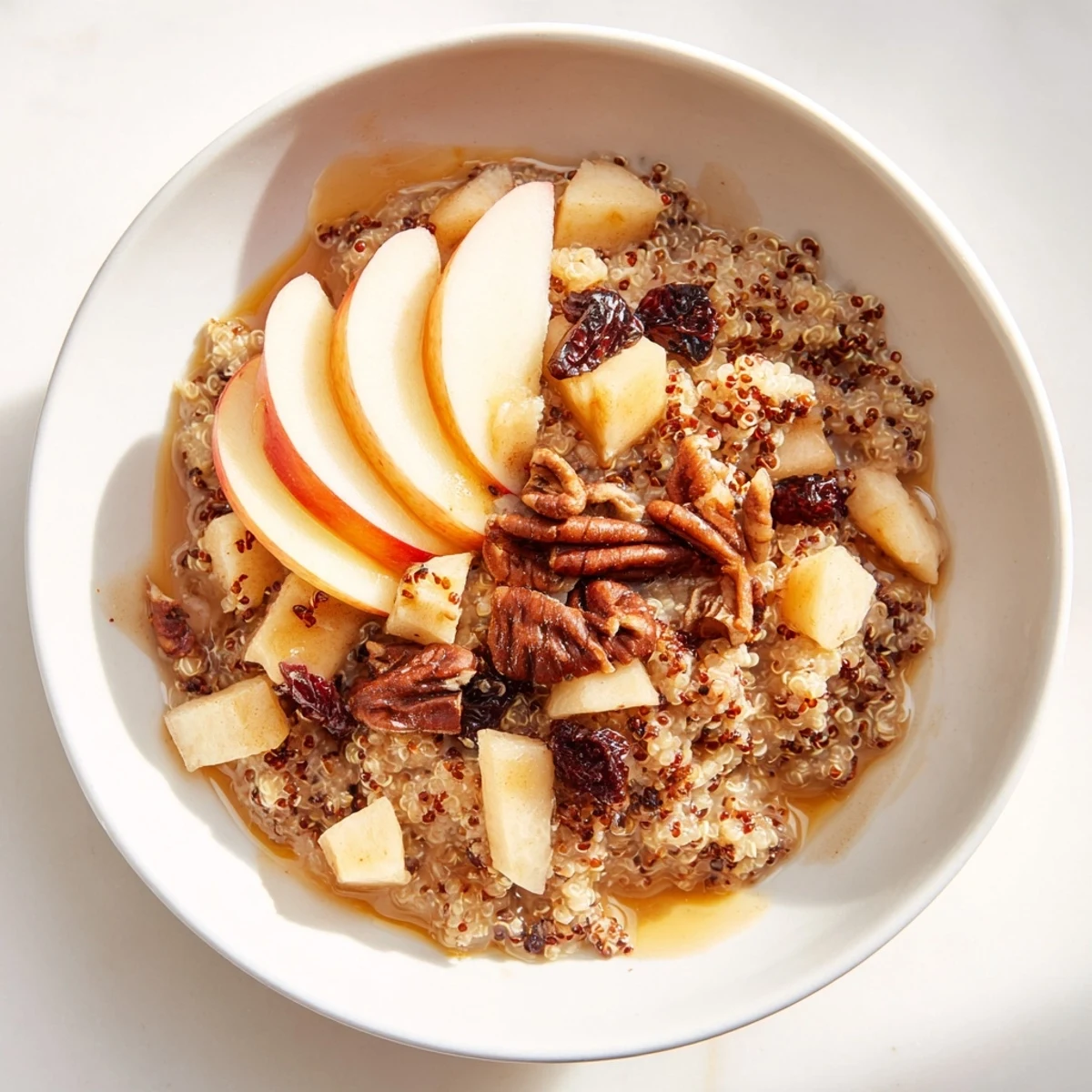 A delightful view: creamy Apple Cinnamon Quinoa Bowl topped with pecans and sweet raisins.