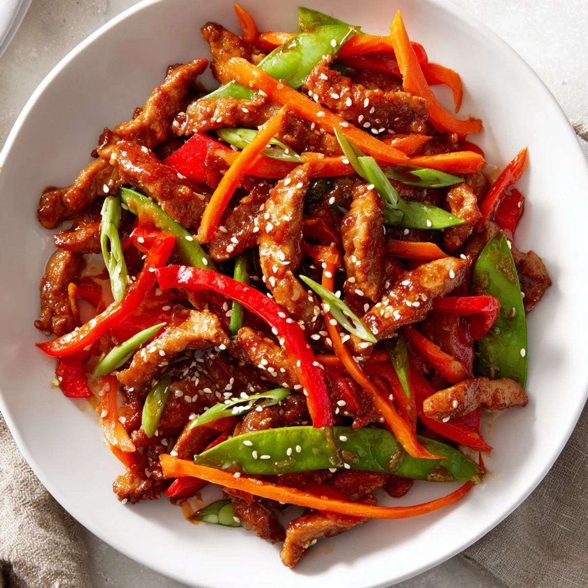 Sweet teriyaki pork stir-fry glistens with a savory sauce, vegetables, and tender pork slices.