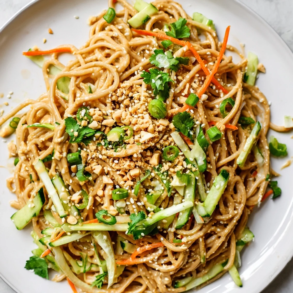 Cold sesame noodles with vibrant julienned carrots and cucumber, ready to be slurped.