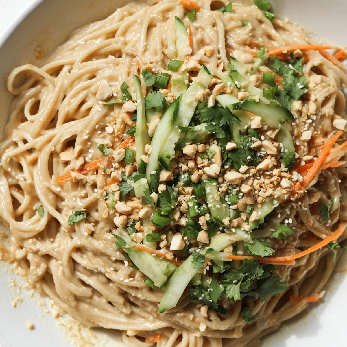 A close-up of chilled cold sesame noodles, glistening with a creamy sesame sauce.