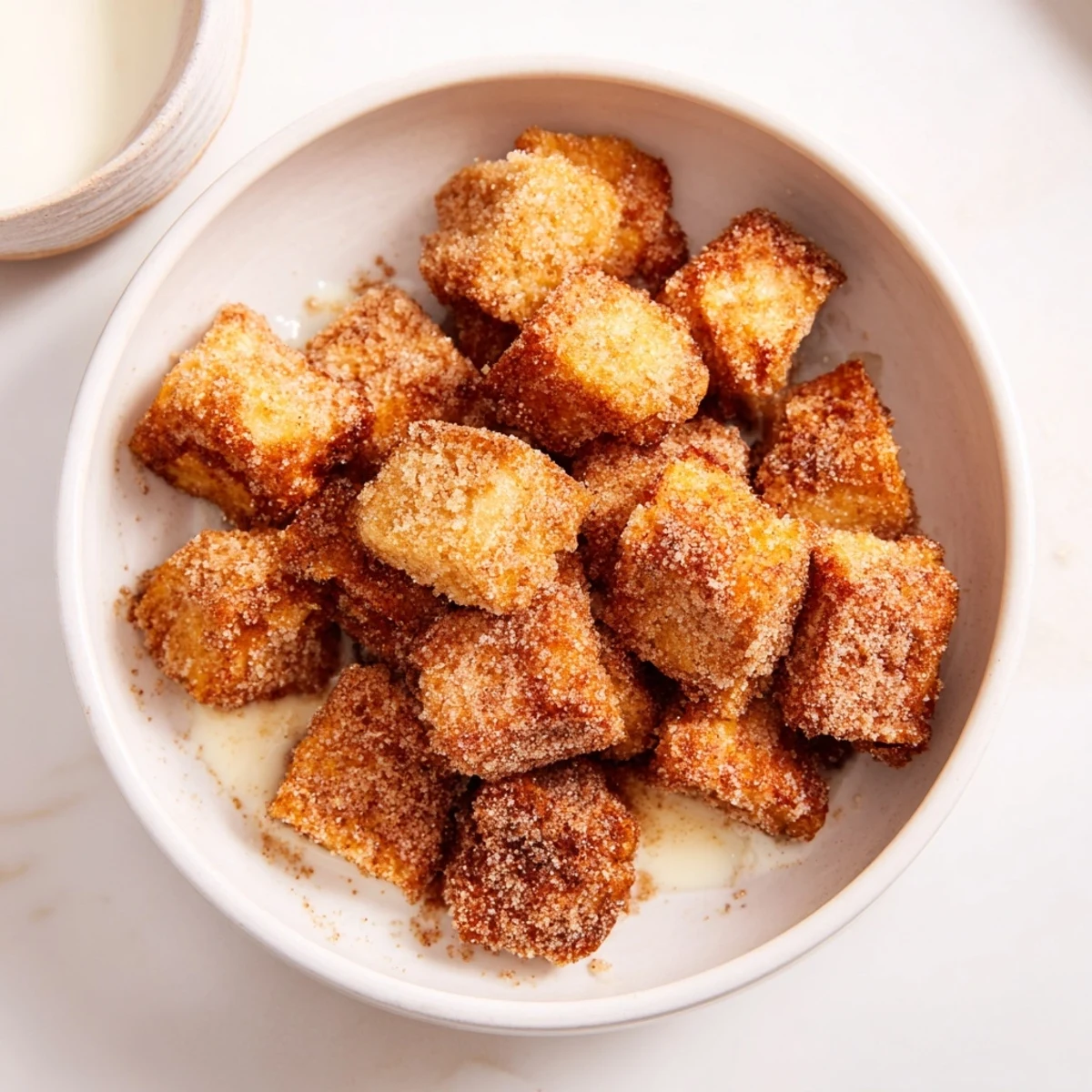 Golden, cinnamon-sugar coated French Toast Cereal, a breakfast treat ready to be enjoyed with milk.