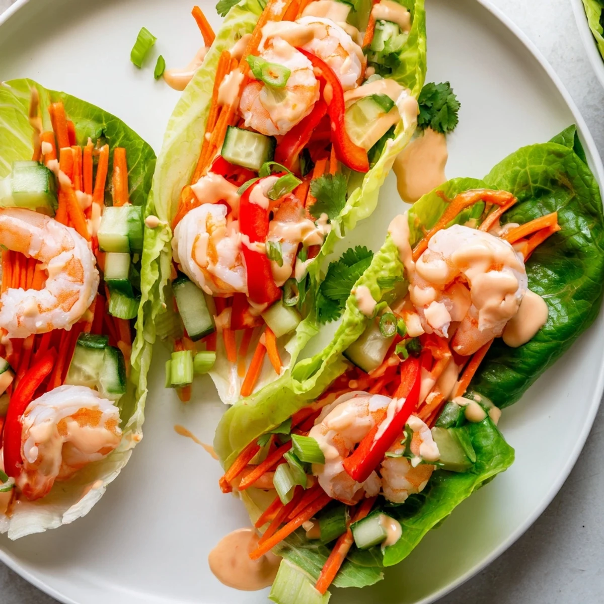 Freshly made shrimp lettuce cups, featuring tender shrimp, crunchy veggies, and a creamy, spicy sauce.