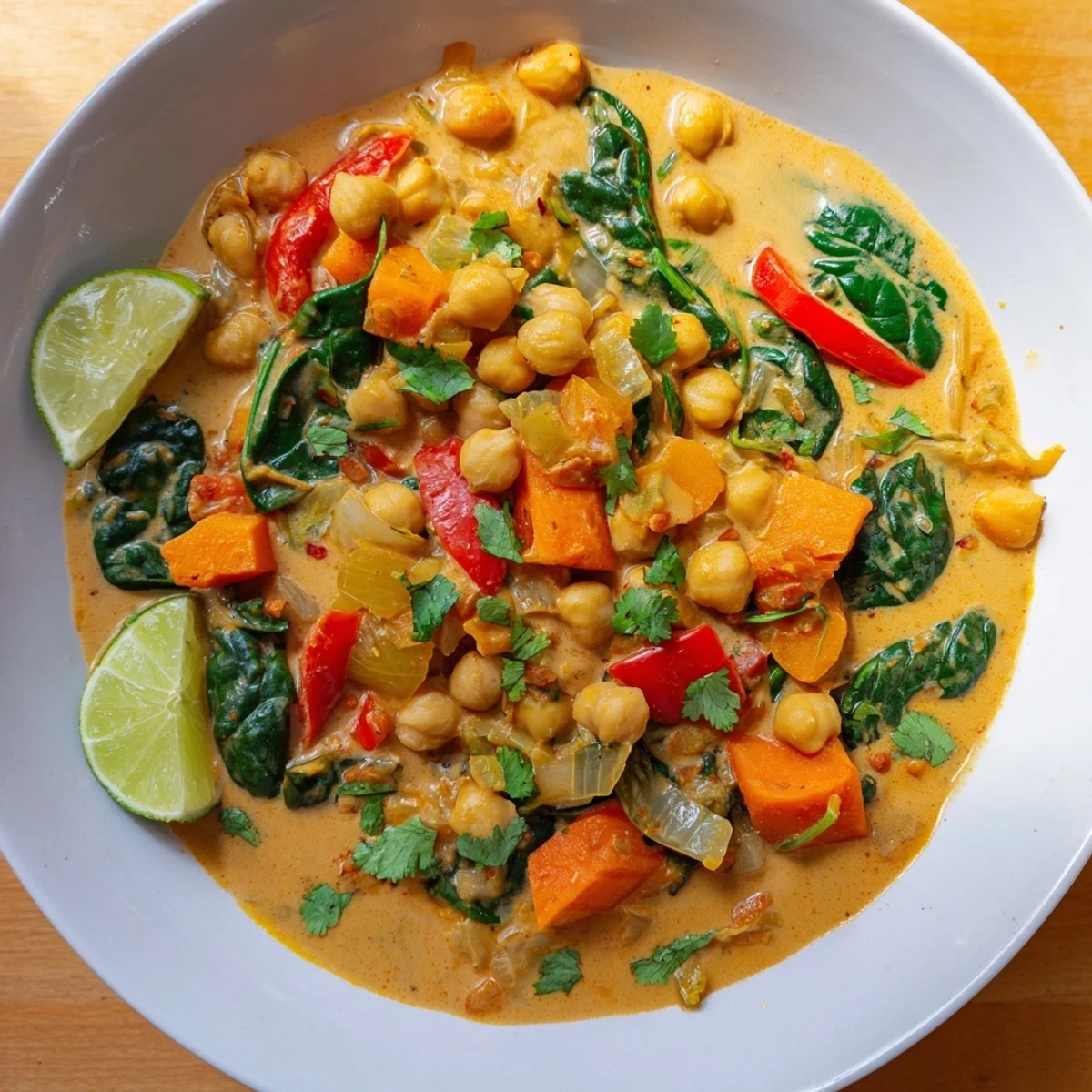 A vibrant close-up of the delicious Chickpea Curry, boasting a creamy coconut milk base with tender chickpeas.