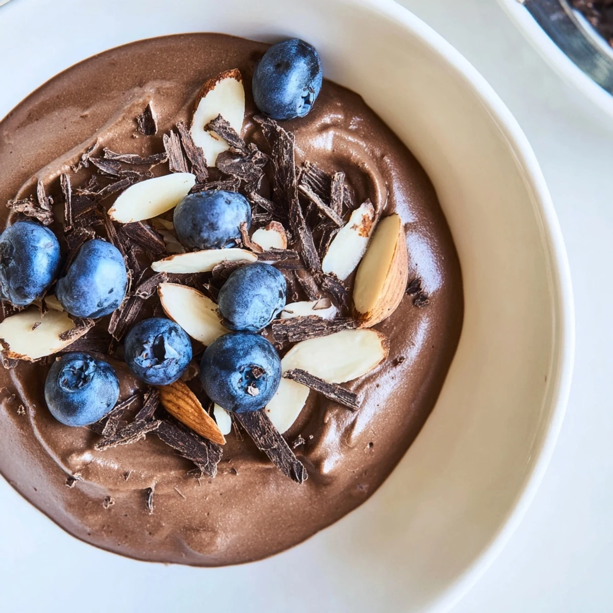 Healthy vegan chocolate avocado mousse, rich dark color, perfect for a guilt-free indulgence.