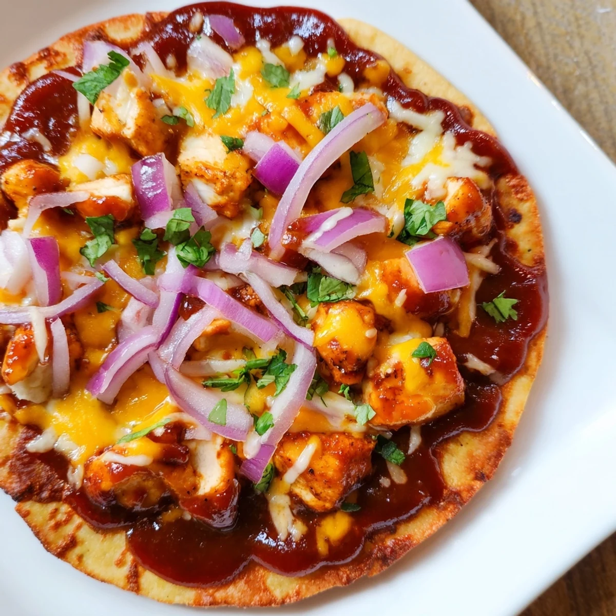 A close-up of a loaded BBQ Chicken Flatbread, showing juicy chicken and fresh cilantro.