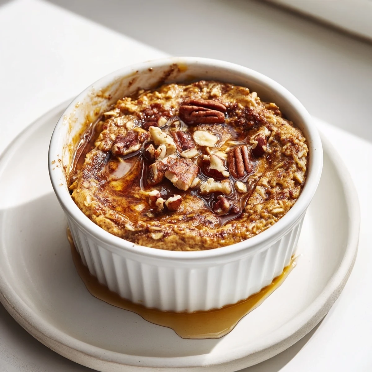 Steaming bowl of pumpkin spice baked oats, perfect for a cozy fall breakfast with warm spices.